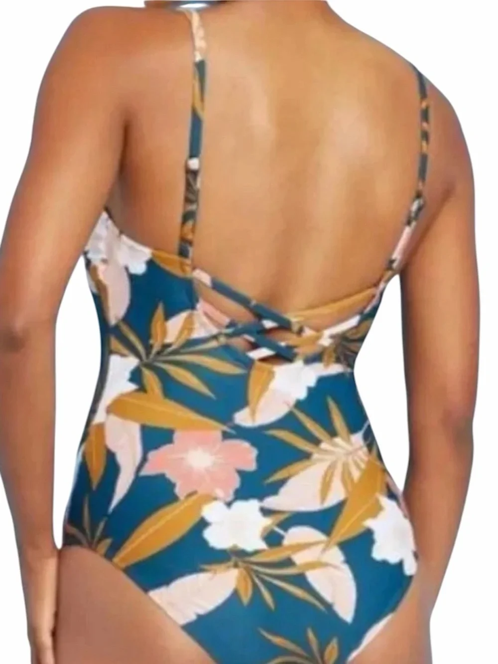 Kona Sol Botanical Floral Criss Cross One Piece Swimsuit Teal Pink Medium